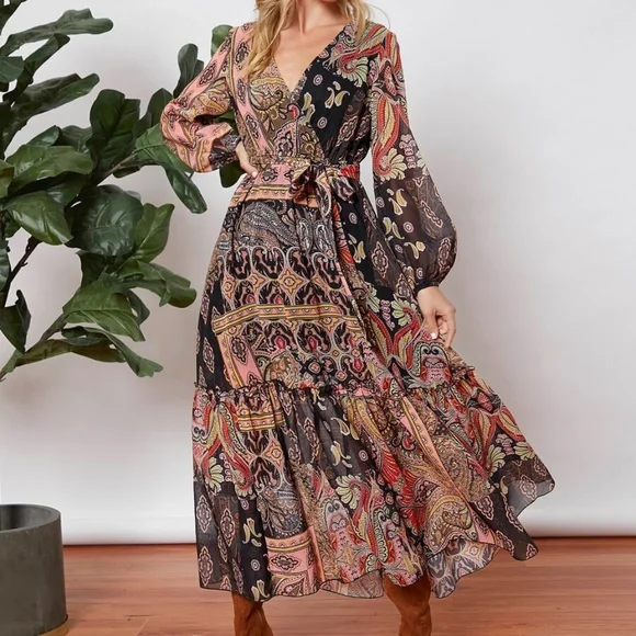 Boho paisley print v neck sheer long sleeve maxi dress - Picture 2 of 6